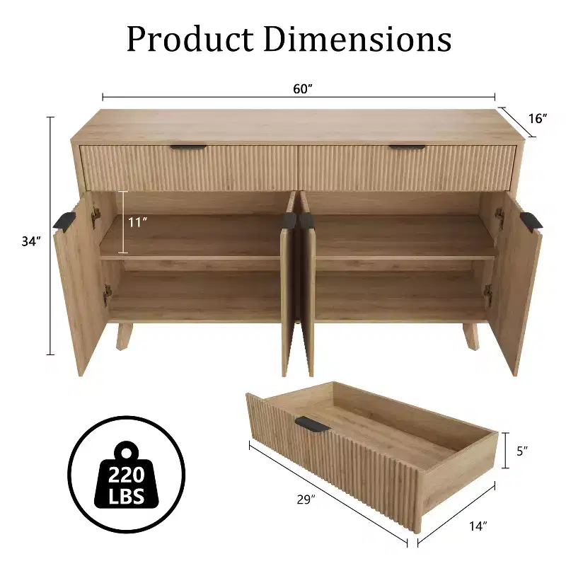 60 Sideboard Buffet Cabinet, Fluted Entryway Coffee Bar Cabinet with 2 Drawers, Wooden Media Console Table, Accent Credenza for Living Room Kitchen