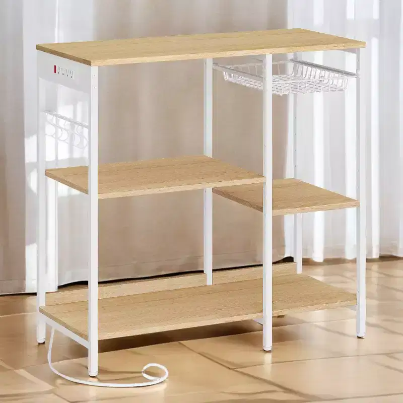 Baker's Rack Coffee Bar Stand with Charging Station, Pull-Out Wire Basket & Adjustable Shelves, 400 lbs