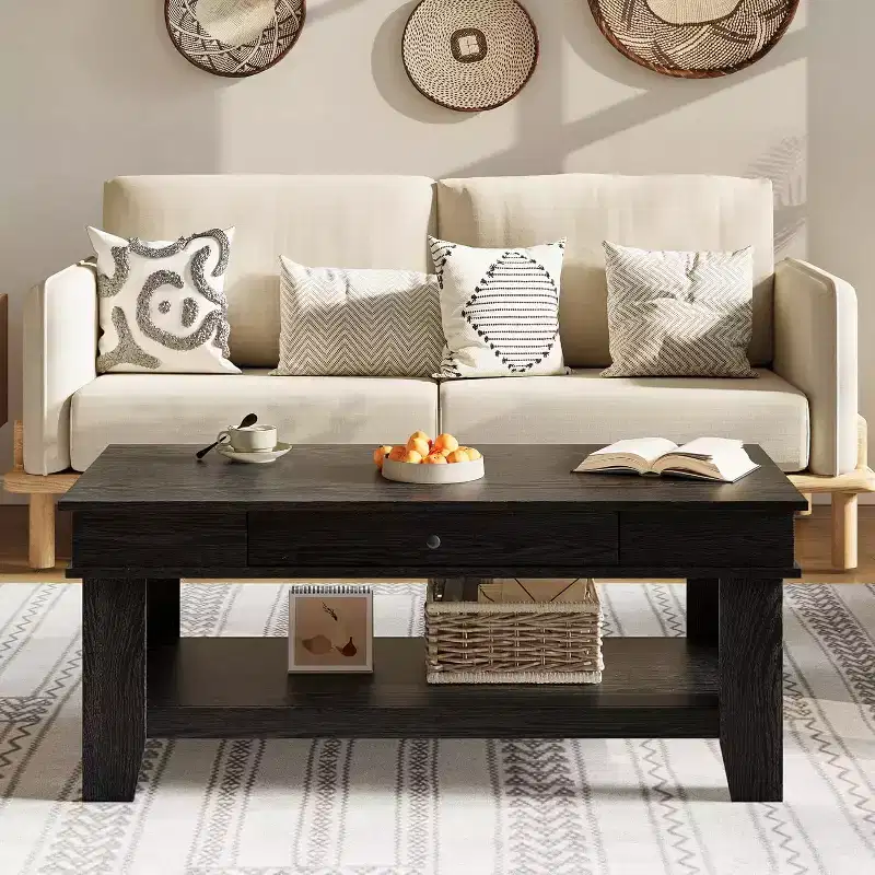 Rustic Rectangular Coffee Table with Sliding Drawer & Open Shelf, Farmhouse Style