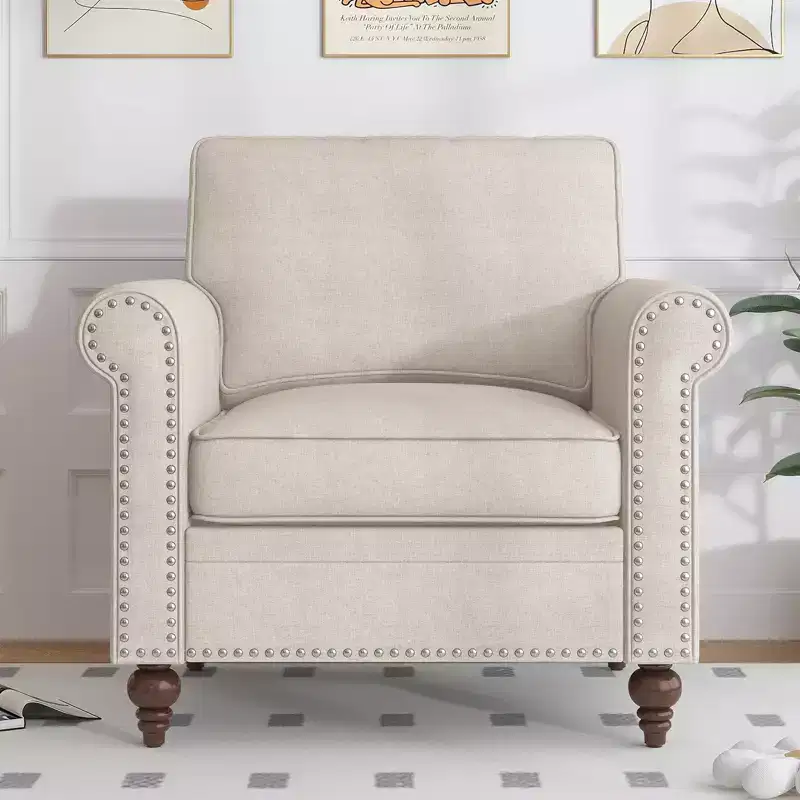 Modern Rivet Design Accent Chair Linen Fabric Armchair Single Sofa,Mid Century 1-Seater Sofa Couch for Home/Office/Apartment