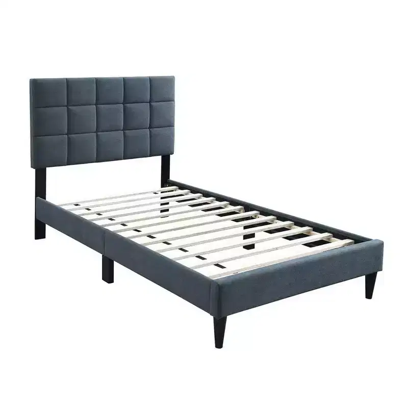 Royal Hampton Twin Bed, Soft Biscuit Tufted Charcoal Gray Linen Upholstery