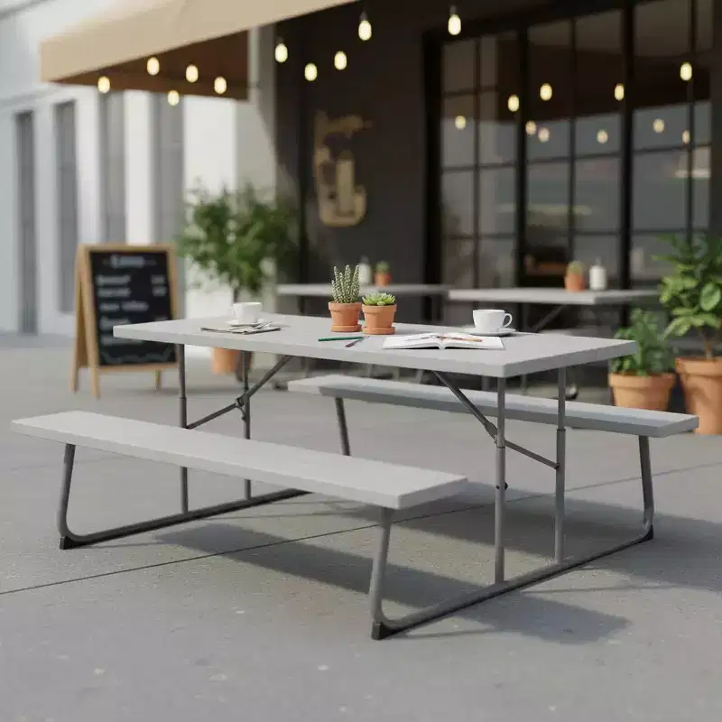 Gymax Folding Picnic Table Set w/ Wood-Like HDPE Tabletop Umbrella Hole 2 Benches Seats Heavy-Duty Metal Frame for Outdoor Black/Gray/Green/White