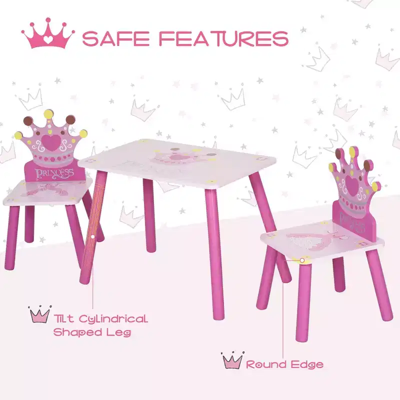 Qaba 3-Piece Kids Wooden Table and Chair Set with Crown Pattern Toddlers Arts Reading Writing Age 2-4 Years Pink