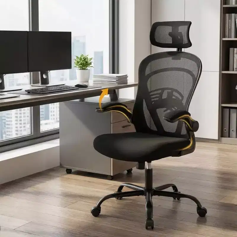 Comfy Ergonomic Office Chair with Flip-Up Armrests, Wide Seat Computer Desk Chair with Lumbar Support for Bedroom, Study Room & Student Gaming