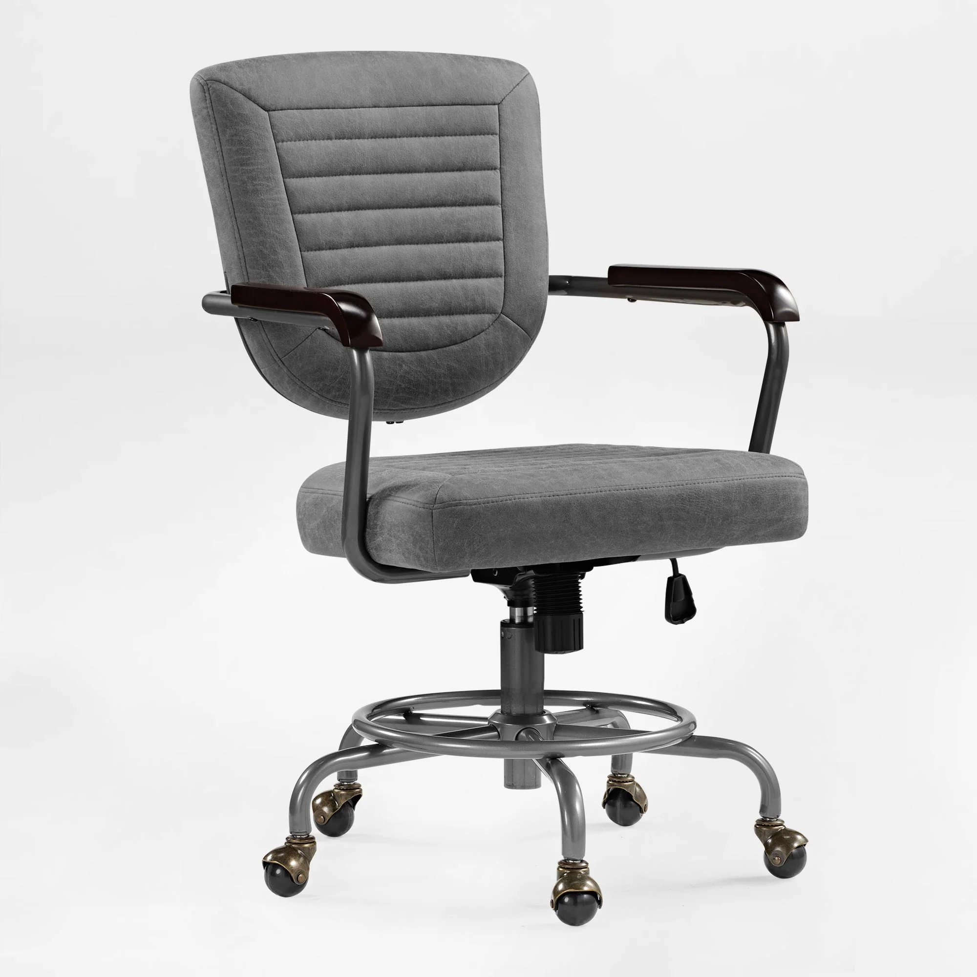 Retro PU Leather Task Office Chair - Solid Wood Arms