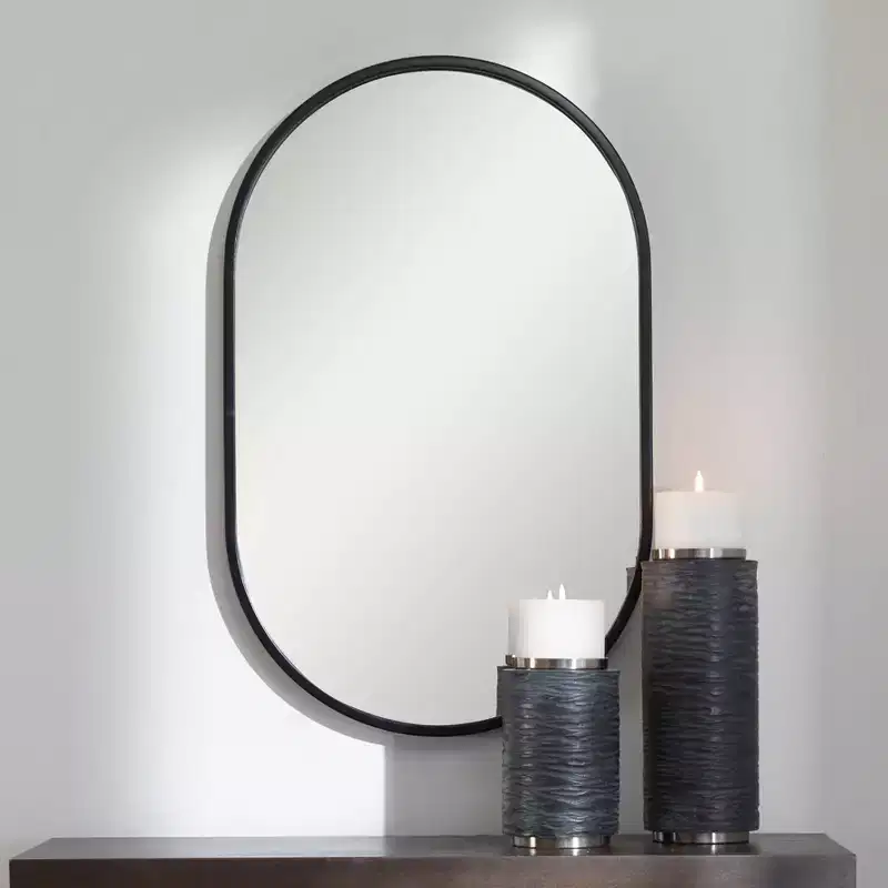 Oval Vanity Decorative Wall Mirror Modern Satin Black Iron Frame 20 Wide for Bathroom Bedroom Living Room Entryway