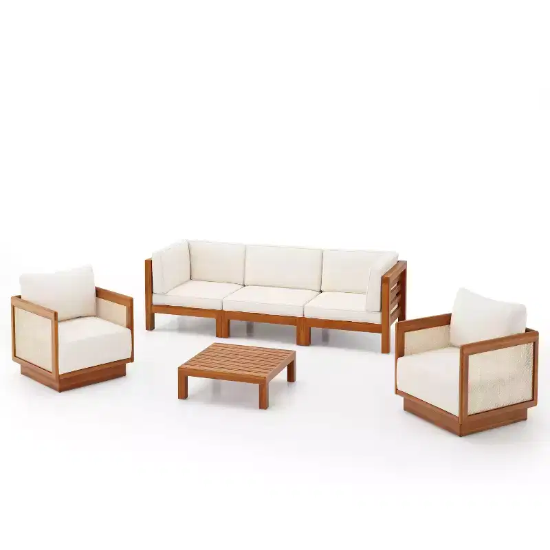Christopher Knight Home Isora Patio 6 Piece Acacia Wood Seating Set with Slatted Coffee Table and Cushions