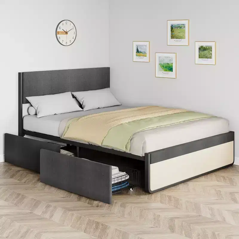 Upholstered Platform Bed Frame – Tufted Headboard & 2 Storage Drawers