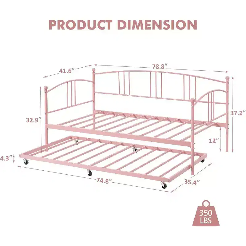 Acekool Metal Daybed with Trundle, Arched Headboard, Sofa Bed Frame for Living Room and Guest Room, Twin Size