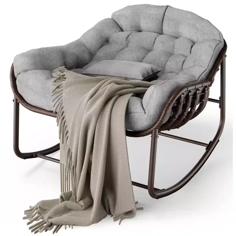 Outdoor Papasan Rocking Chair, Oversized Wicker Lounge Chair with Cushion and Metal Frame, Patio Rattan Egg Rocker for Balcony Backyard Porch Bedroom
