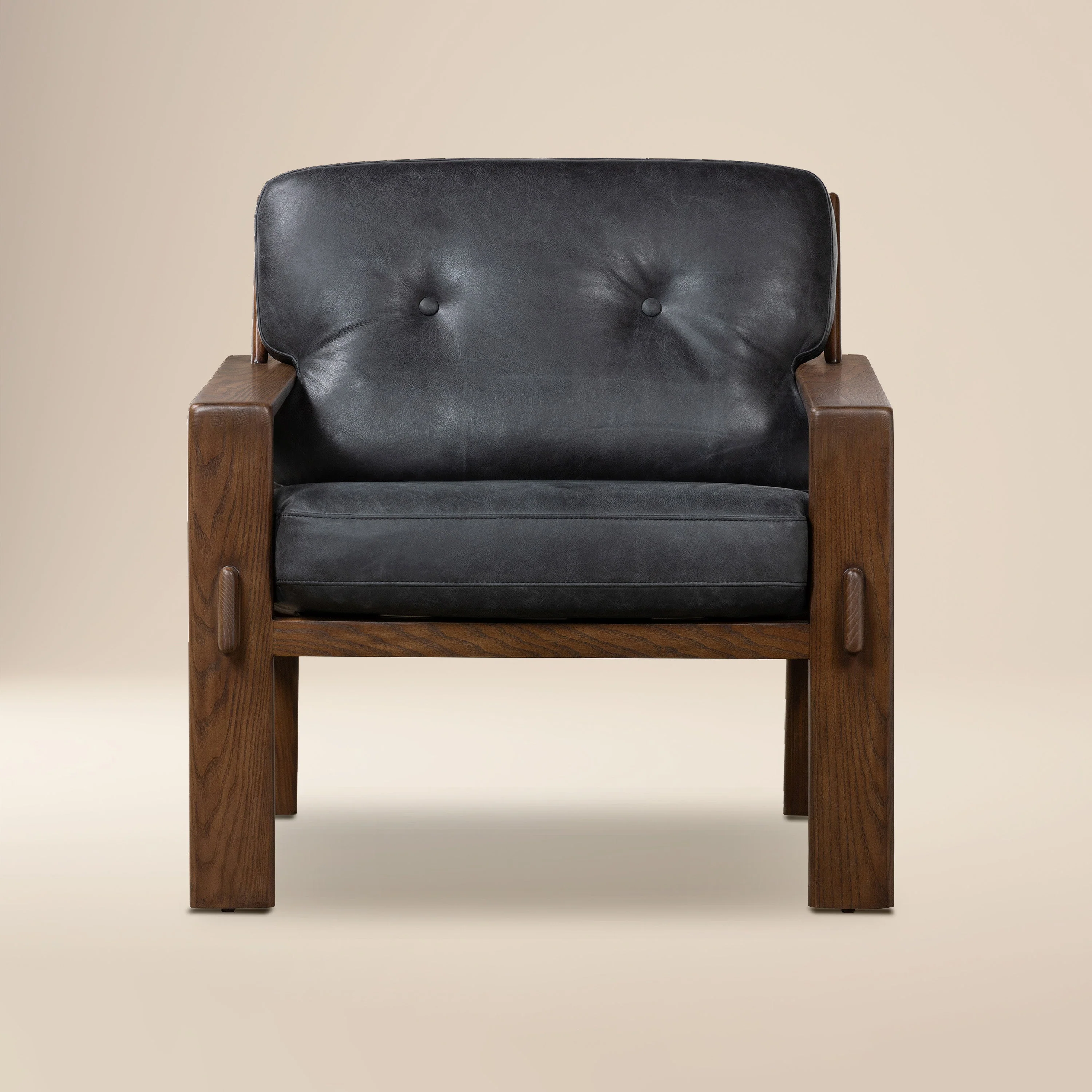 Modern Onyx Black Leather Lounge Chair with Tufted Back