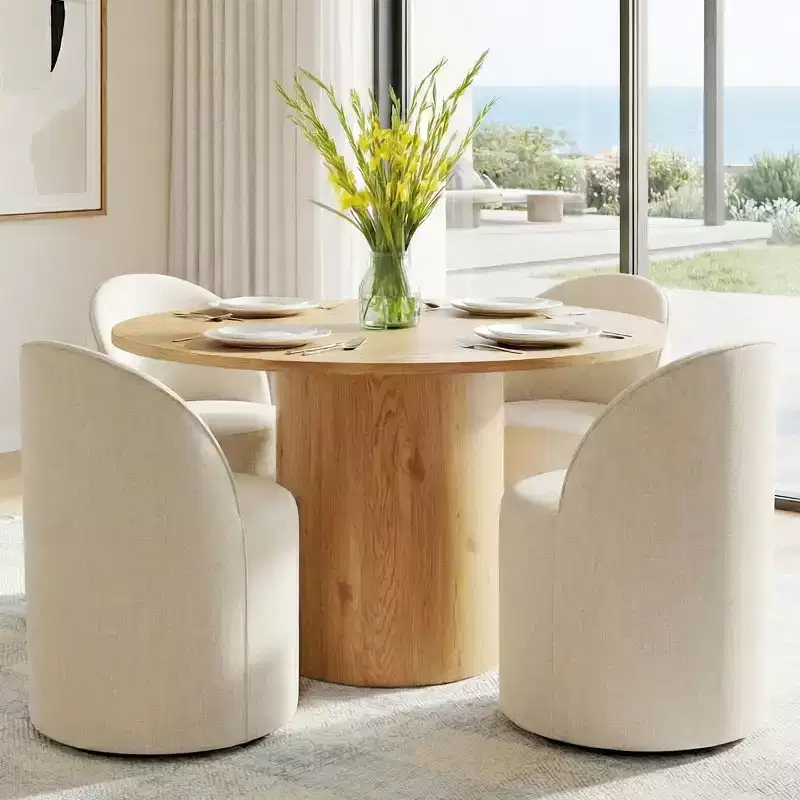 Dining Table Set for 4, Upholstered Barrel Chair with Castors and Round Pedestal Table for Kitchen or Breakfast Nook-Panipeachy