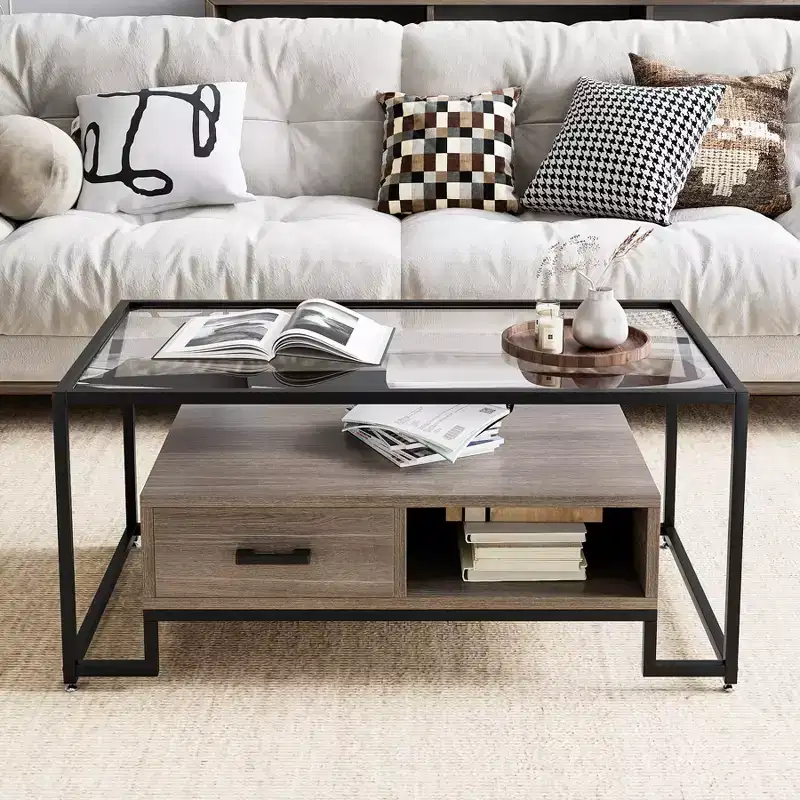 Rectangular Glass Coffee Table with 2 Drawers & Storage Shelf  Vintage Center Table for Living Room