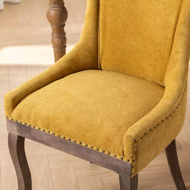 Okak Retro Dining Chairs Set of 2, Comfy Fabric Chairs with Thick Cushions, Kitchen Side Chairs with Solid Wood Legs Bronze Nail Head