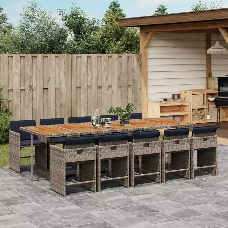 vidaXL 11 Piece Patio Dining Set with Cushions  Outdoor Garden Backyard Furniture  Gray Poly Rattan, Acacia Wood Tabletop, Navy Blue Cushions