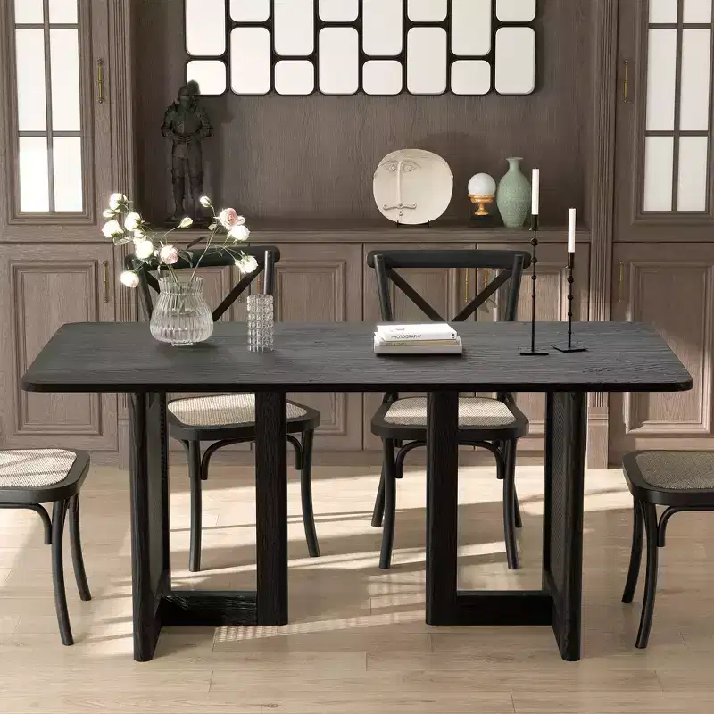 PexFix 67 x 33.5 Farmhouse Kitchen Dining Room Table Furniture Square Black Kitchen Table with Rattan Woven Legs for Kitchen Bar Living Room