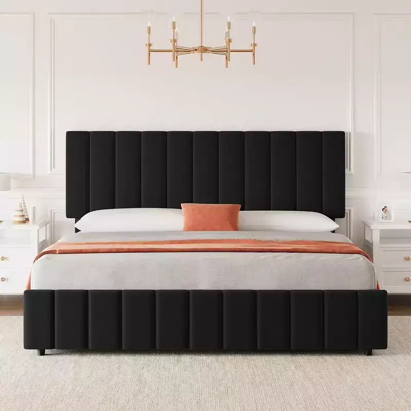 Queen Platform Bed Frame with Adjustable Headboard and 4 Storage Drawers, Linen Upholstered, No Box Spring Needed