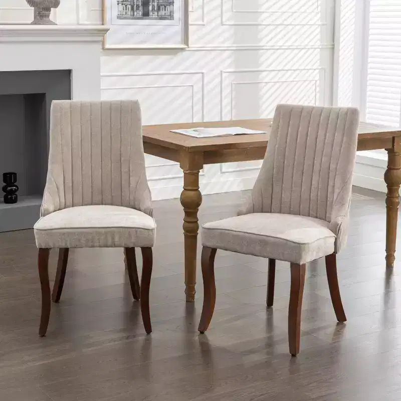 Okak Flocking Linen Dining Chairs Set of 2, Modern Kitchen Chairs with Comfy Fabric Upholstered, Accent Chairs with Curved Solid Wood Legs