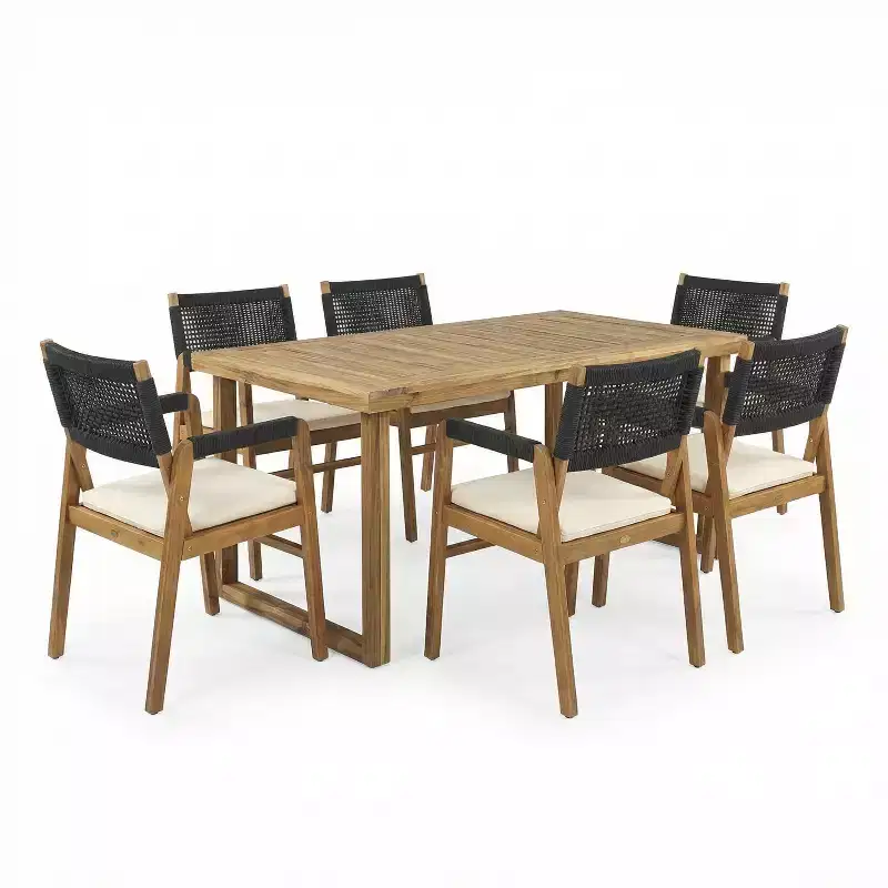Christopher Knight Home Beryle 7 Piece Acacia Wood and Rope Outdoor Dining Set with Cushions