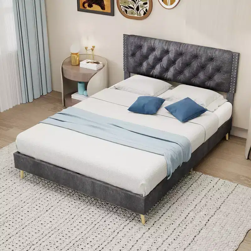 GDFStudio Ruskin Modern Wood and Velvet Upholstered Bed with Tufted Headboard