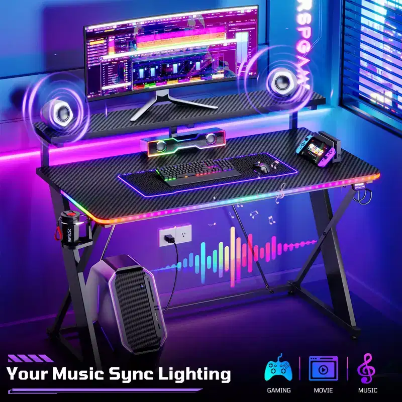 RSPGAME Basic 43 Music Sync Lighting Gaming Desk, X-Shape Ergonomic Monitor Stand Gamer Table, PC Desk with Cup Holder and Headset Hanger