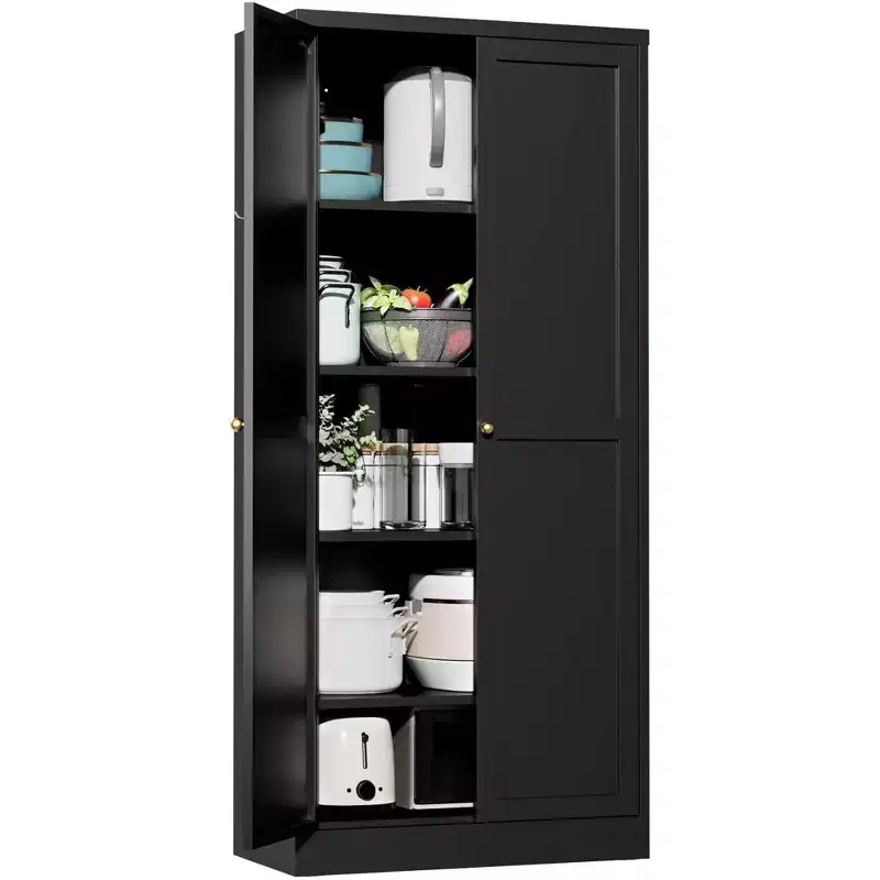 VIYET 61 Black Metal Kitchen Pantry Cabinet, 4 Adjustable Shelves 110lb Capacity, Heavy Duty Freestanding Organizer
