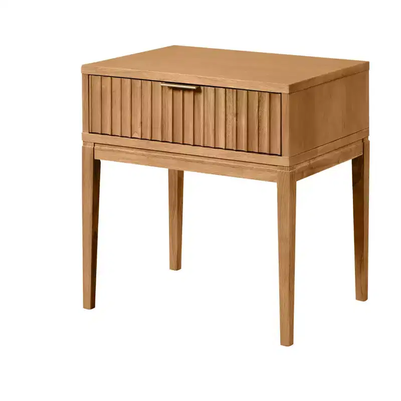 Nathan James Boho Wood Fluted Side Table with Drawer Brown: Mid-Century Modern, Brass Handle, Tapered Legs