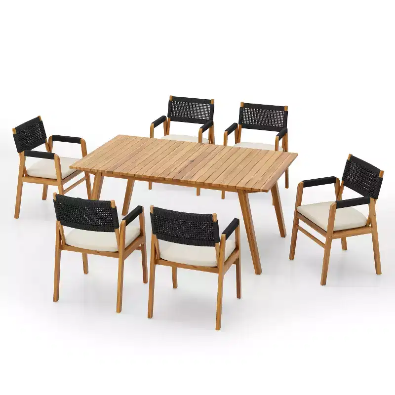 ModernLuxe Outdoor Dining Set, Solid Acacia Wood 7-Piece Patio Conversation Set with Slat Design Dining Table, Upholstered Armchairs