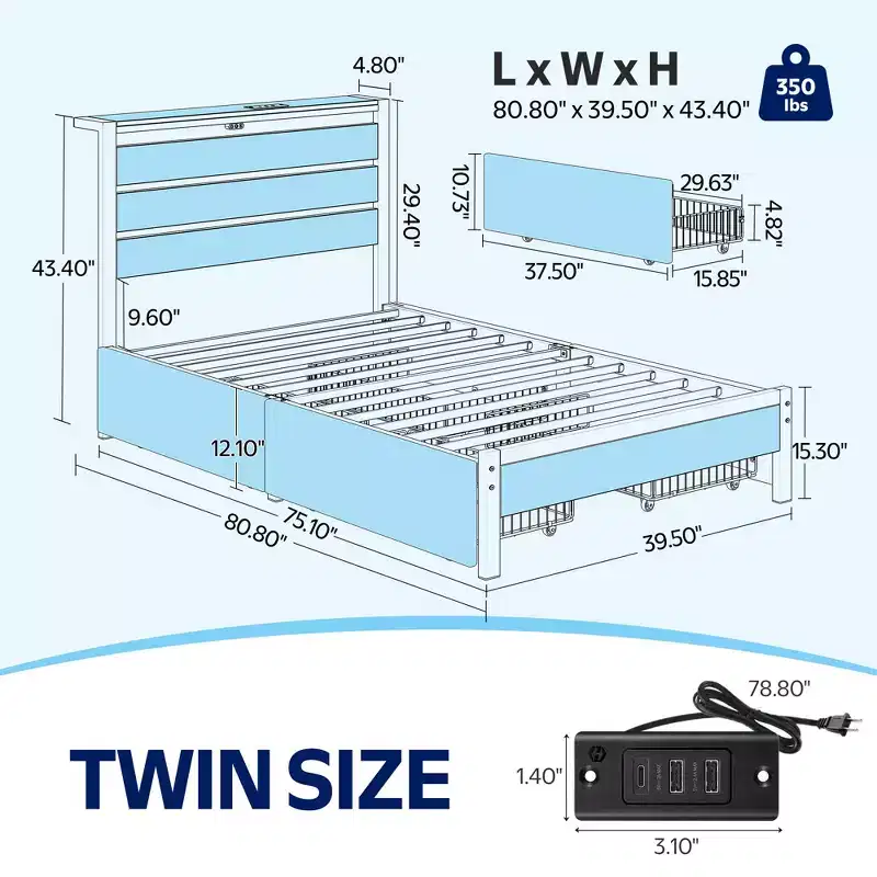 Greenstell Industrial Metal Platform Bed Frame with 4 Storage Drawers - Led light & Charging Station , Mattress Foundation, Heavy Duty