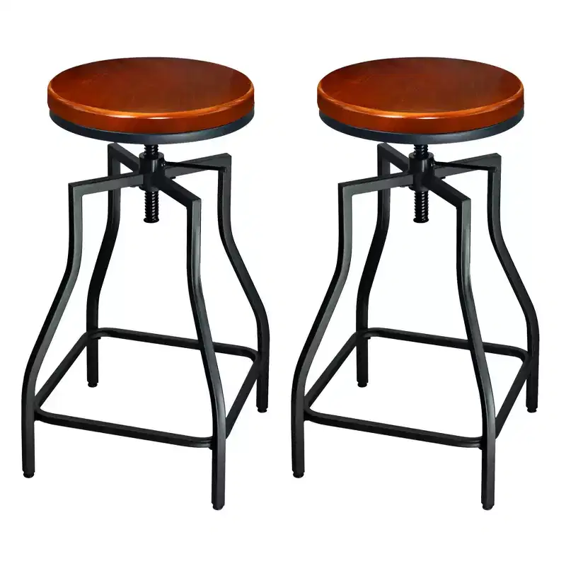Adjustable Swivel Metal Kitchen Counter Barstool with Wood Veneer Seat, Brown and Black, Set of 2