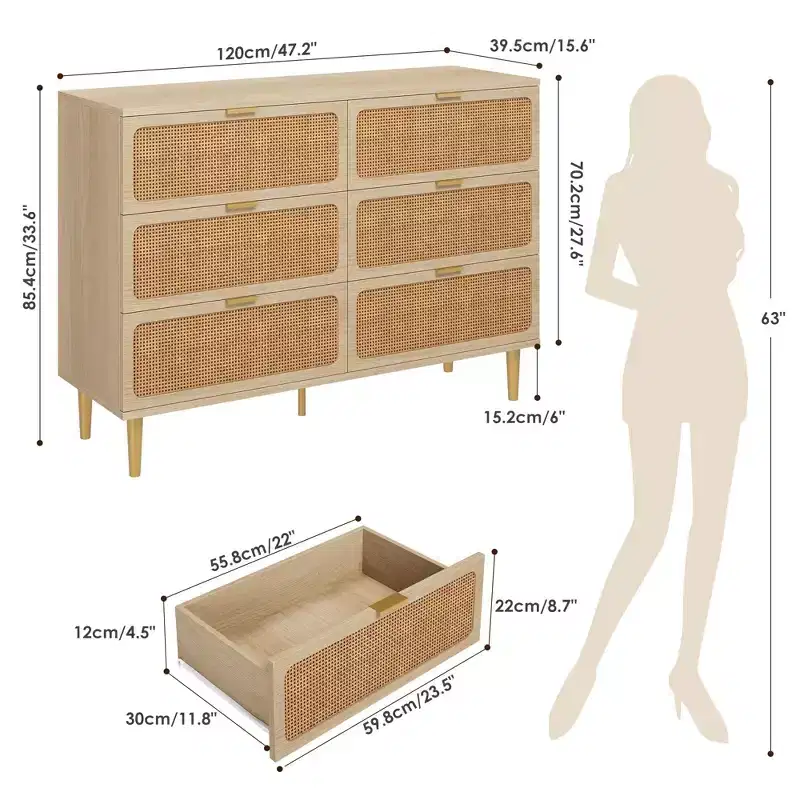 Dresser for Bedroom with 6 Drawer , Wooden Chest of Drawers for Closet,Large Double Dresser with Deep Drawers, for Living Room, Hallway