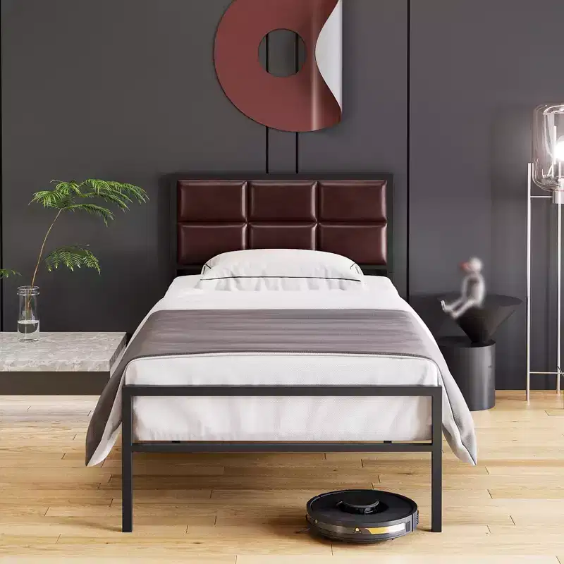 COZONY Queen/Full Size Faux Leather Platform Bed Frame, Upholstered Square Stitched Headboard Metal Frame