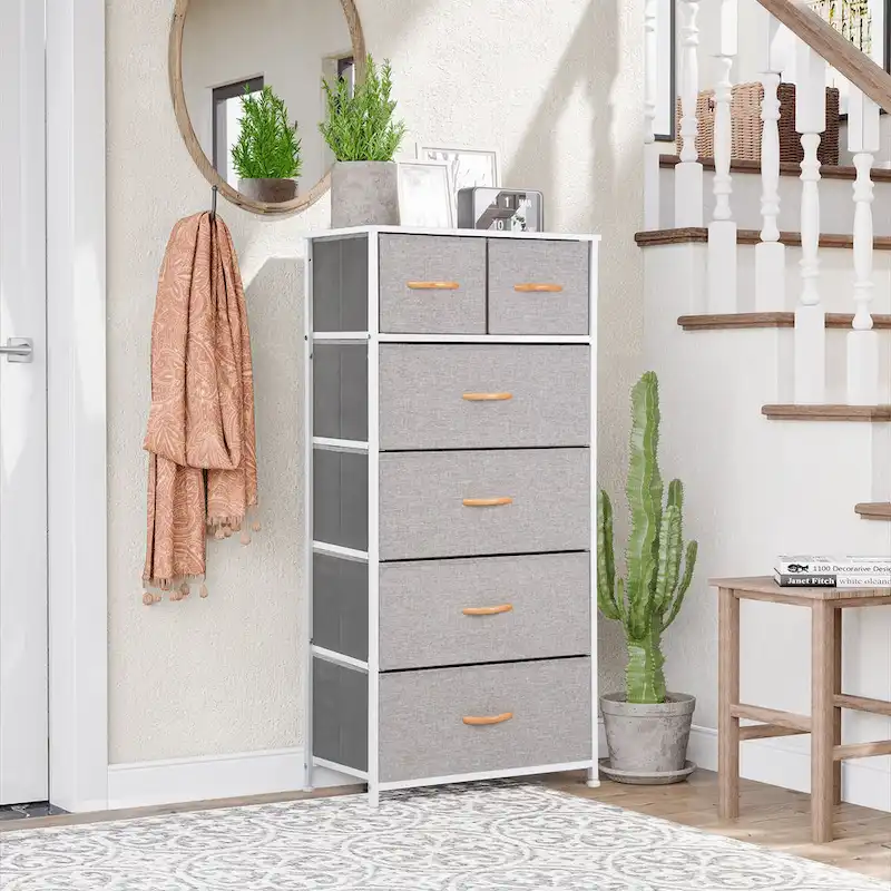 23 Brown Steel and Fabric Six Drawer Combo Dresser