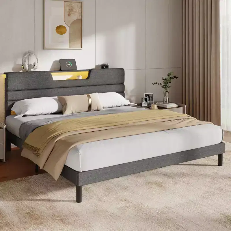 King Modern Grey Upholstered Platform Bed Frame Storage Headboard 2 Tier Shelf LED Lights Charging Station USB Ports No Box Spring Needed Wood Slats