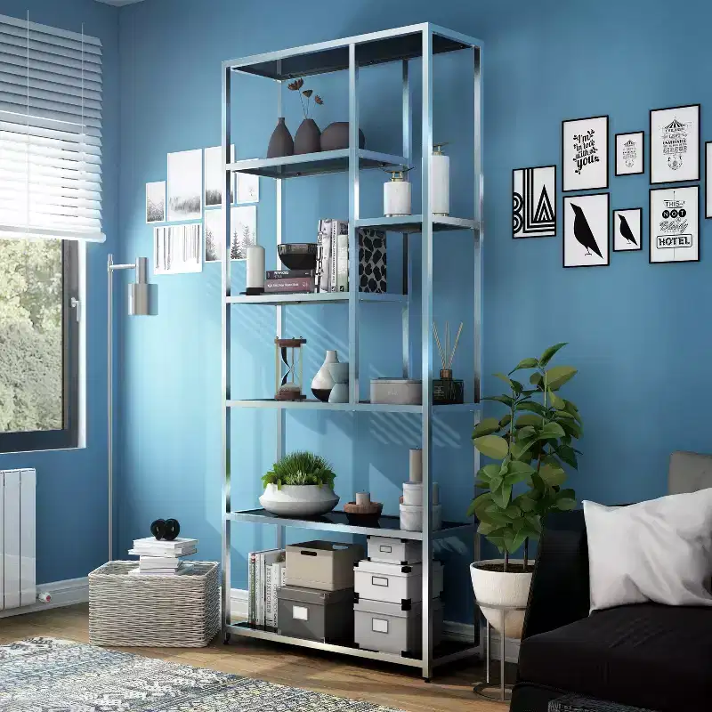 miBasics 90.5" Suncroft Glass Shelf Accent Bookcase Chrome: Luxury Glam Style, 7-Tier, Metallic Finish