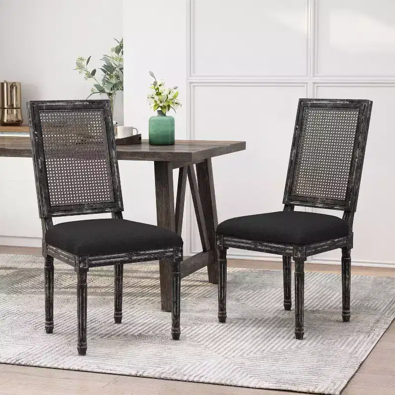 Okak Vintage French Country Upholstered Dining Chairs with Cane Back,Rustic Weathered Kitchen Chairs Set of 2,Living Room Chairs