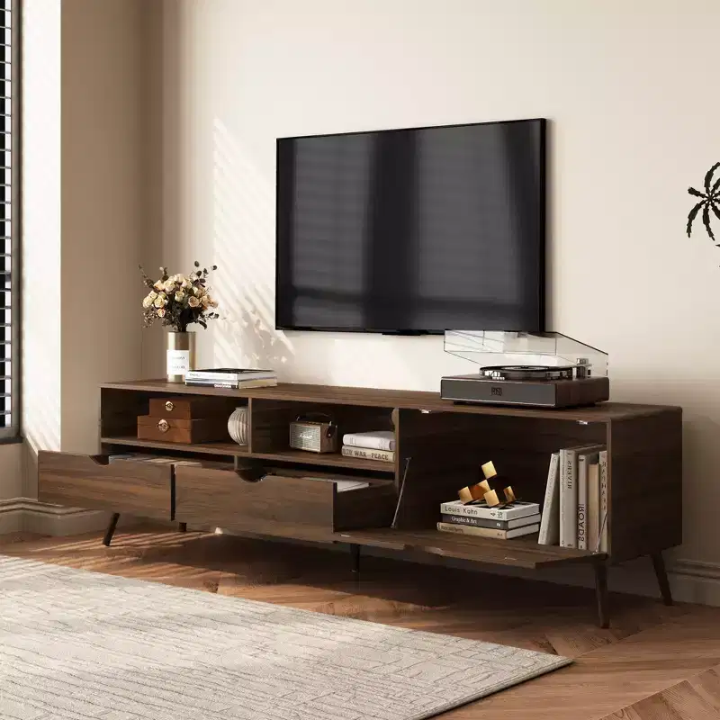 Vintage TV Stand with Drawers for 80 TV, Media Console Table with Storage, TV Storage Cabinet with Drop-down Door, Natural