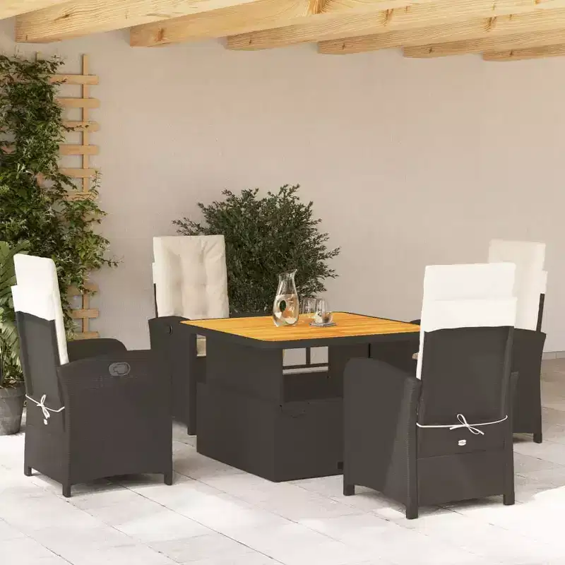 vidaXL 5 Piece Patio Dining Set - Poly Rattan, Adjustable Reclining Chairs with Cushions and Lift-Up Table for Garden, Backyard, Patio - Black/Brown
