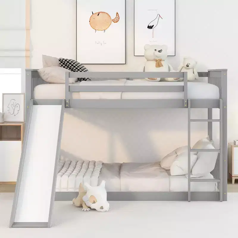 Okak Full over Full Wood Bunk Bed with Slide & Safety Guardrail Loft Bunk Bed with Ladder for Kids Teens, Easy Assemble No Box Spring Needed