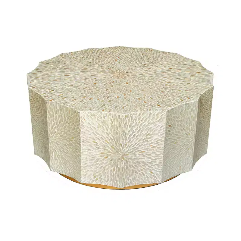 Geometric Coffee Table with Wood Base and White Black Capiz Top 35.5x35.5x16