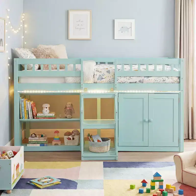 Twin Low Loft Bed with LED Light, Stairs & Guardrails, Modern Pine Wood Kids Bed, White/Mint/Gray