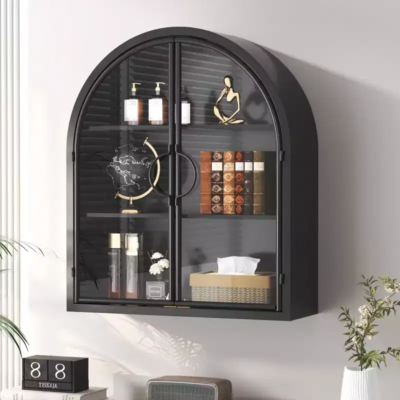 No Assembly Wall Cabinet Over Toilet, Arched Metal Bathroom Storage Cabinet with Glass Doors, Wall Mount Medicine Cabinet Organizer