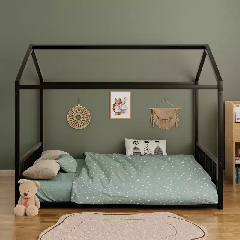 Full Size Metal Floor Bed Frame with House Shape and Guardrails, Montessori Style for Kids
