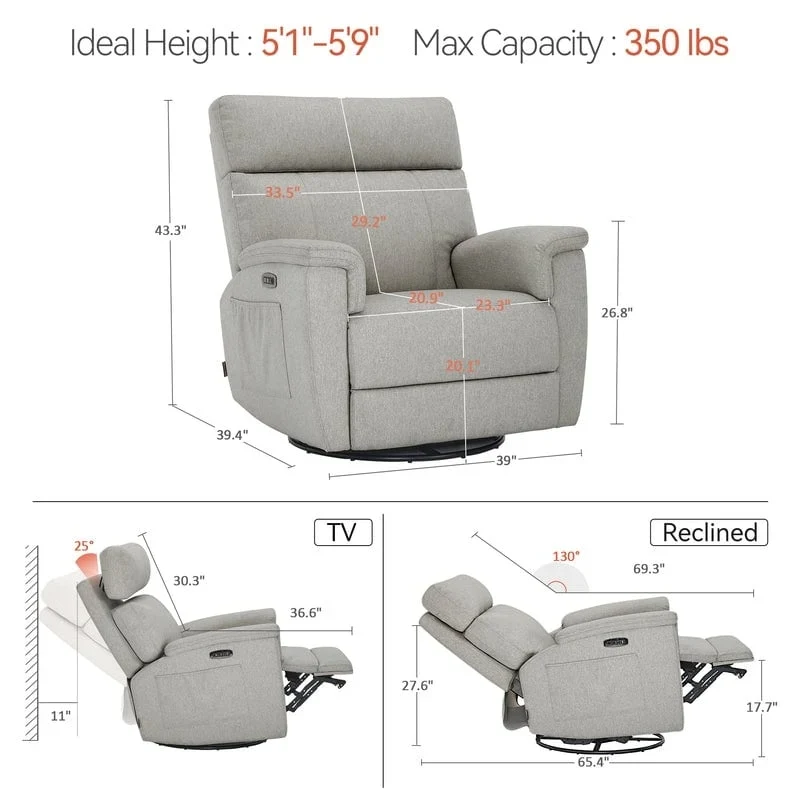 MCombo Power Swivel Glider Recliner Nursery Chair, Fabric PR601