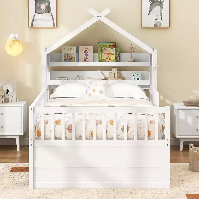 GDFStudio Sanders Wooden House Bed with trundle and Fabric