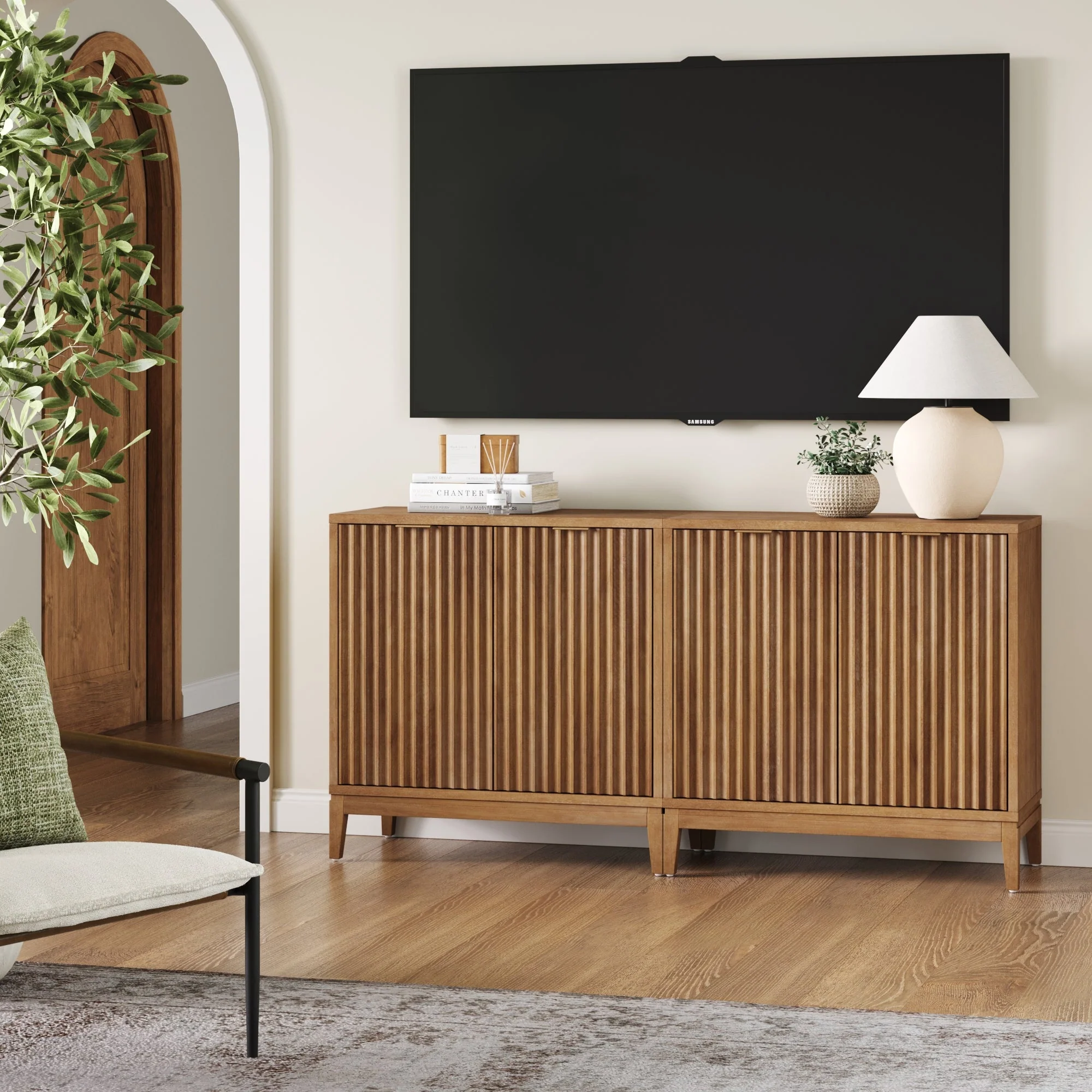 Mid-Century Fluted TV Console for TVs up to 65 Light Brown