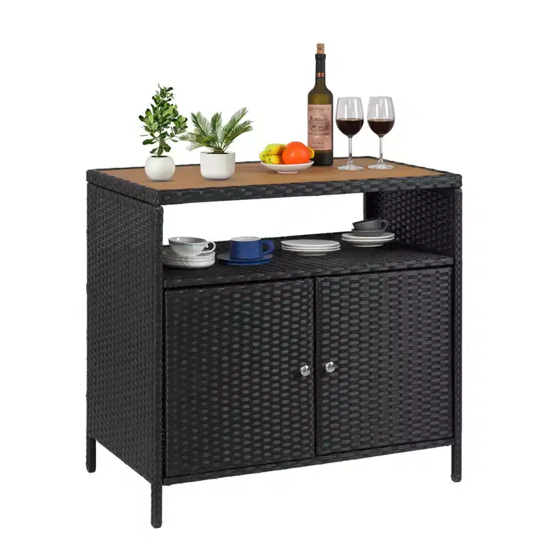 Outdoor Storage Cabinet, Weather-Proof Rattan Bar Table with Two Doors Wicker Patio Storage Box Garden Weather-Proof Bar Table