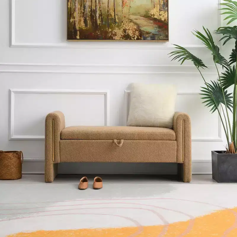 Modern Upholstered Bedroom Bench, Large Storage Ottoman with Armrest for End of Bed, Living Room, Entryway, or Reading Room