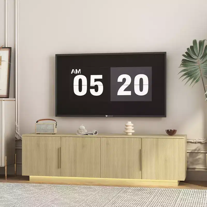 JVNOXK 68-inch Modern TV Stand with 16-Color LED Lighting Compatible with 55-, 60-, and 65-inch TVs Includes Storage Space Wood-Tone