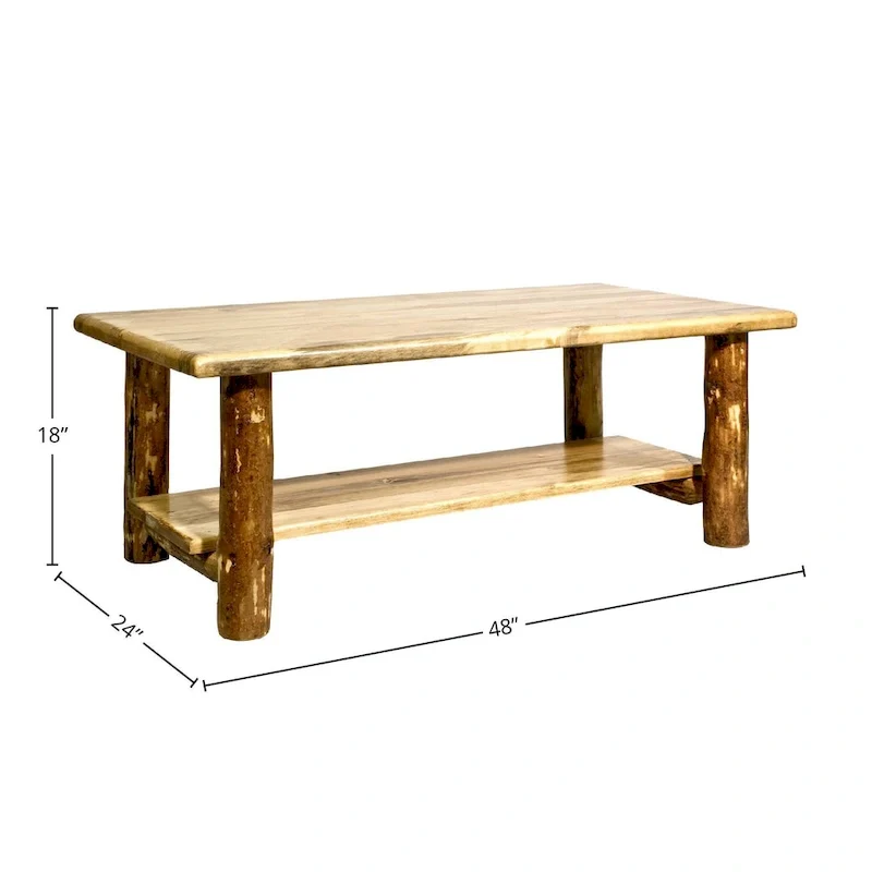Rustic Lodge Pole Pine Coffee Table with Shelf – Stained & Lacquered Finish